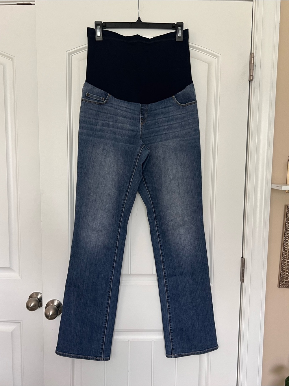 Liz Lange Maternity Boot Cut Blue Denim Jeans Over Belly Stretch Panel Size 10